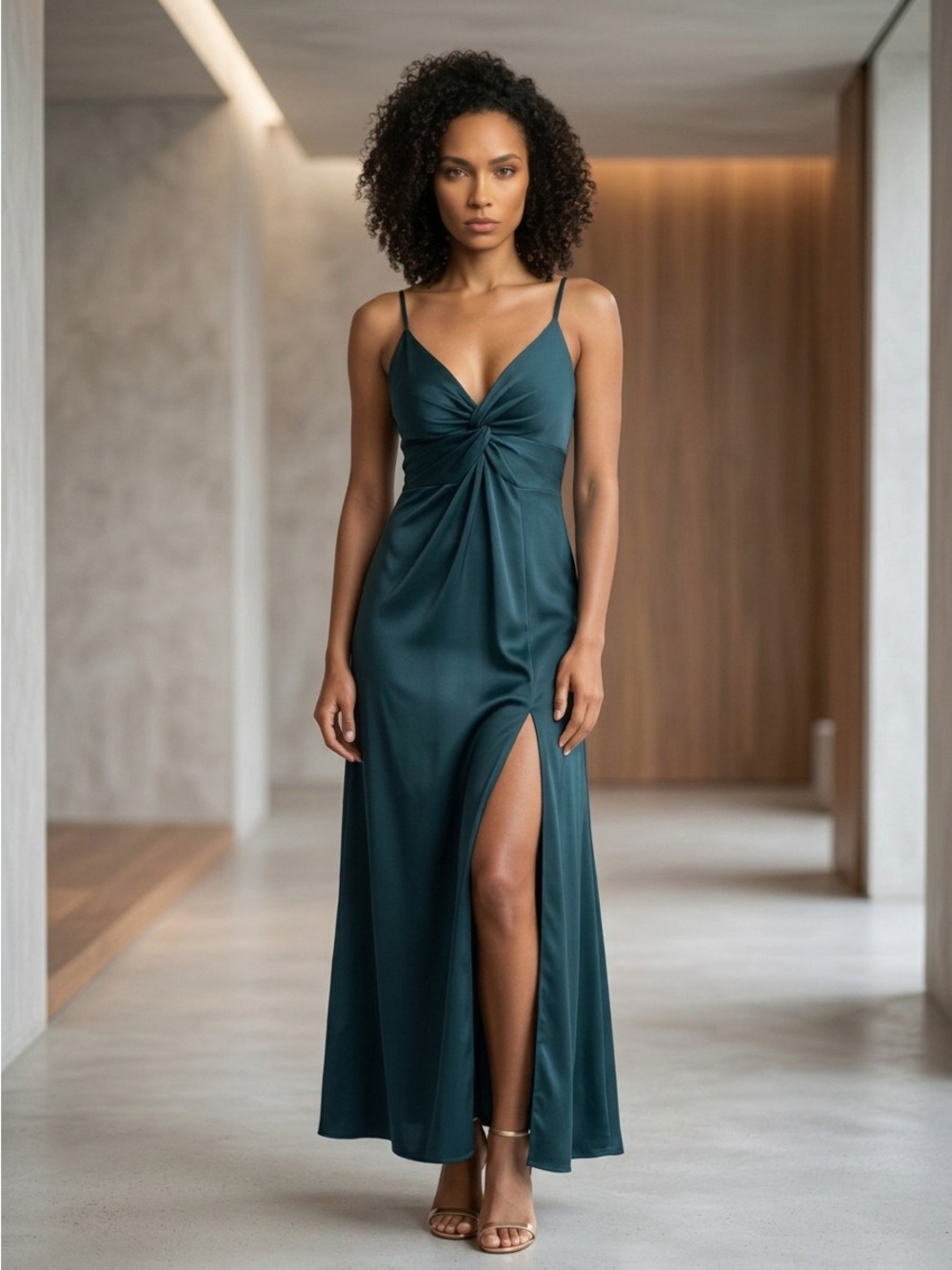 Festive Green Twist-Front Slip Dress with Side Slit NWOT size Small